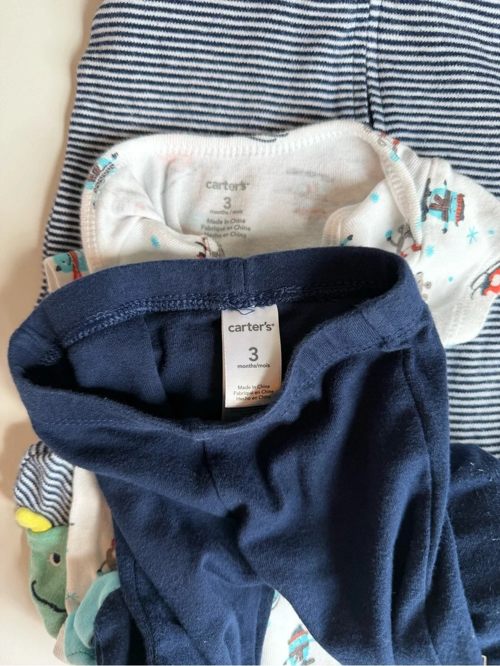 3/$15 | Carter's Navy Striped Footie, Printed White Bodysuit & Navy Pants Set